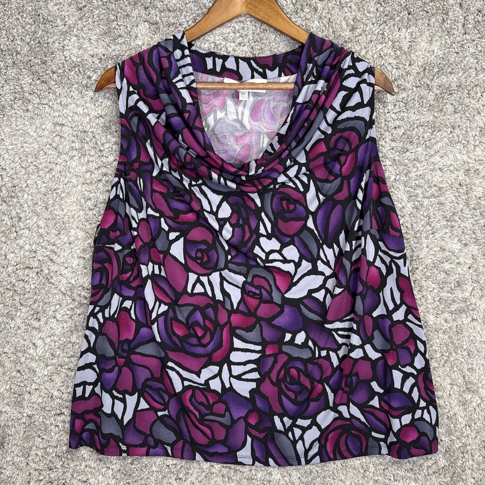 Jones Studio Cowl Neck Blouse Top Sleeveless 18W Purple Floral Roses Stretch
